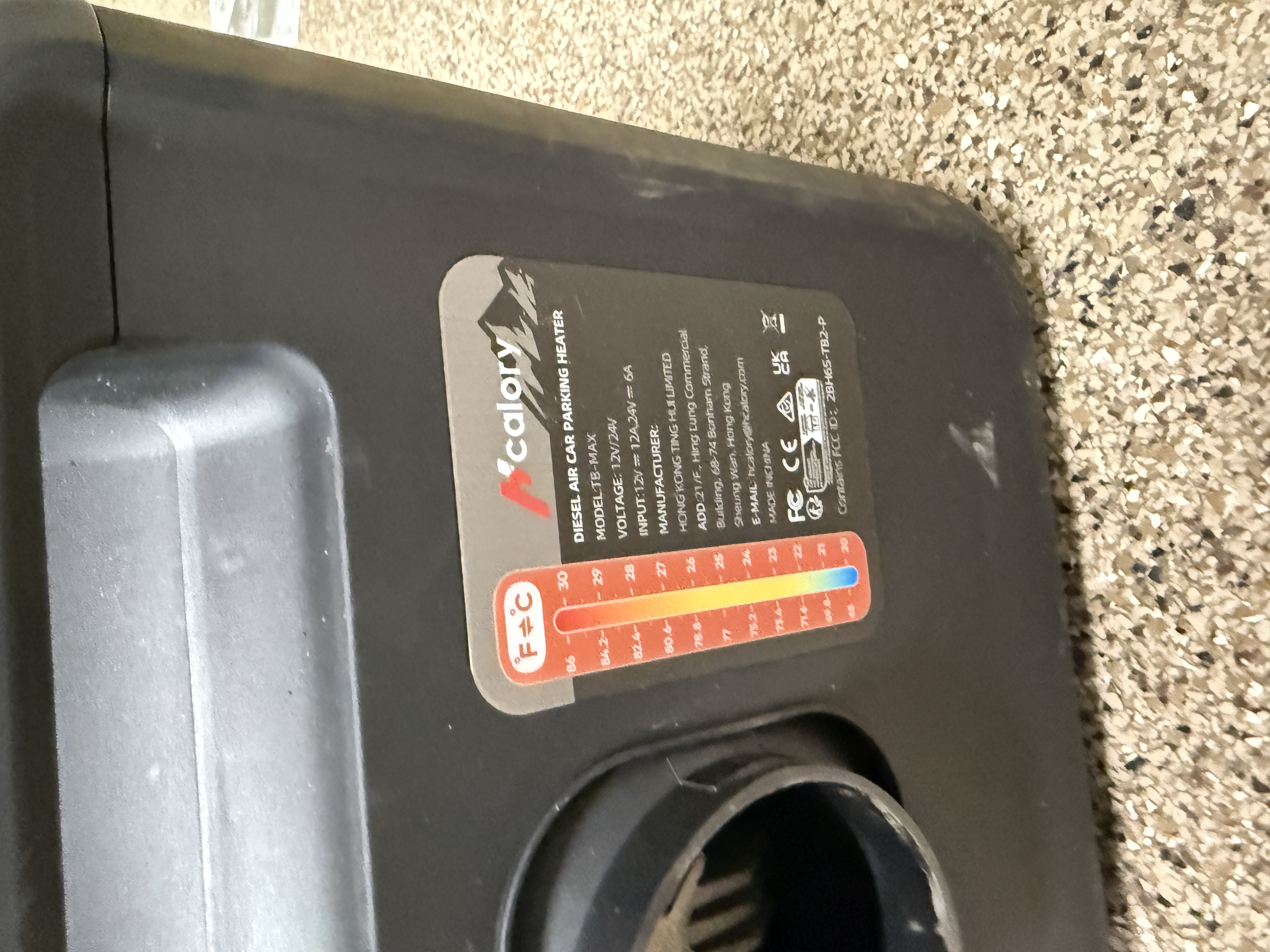 HCALORY heater specifications label closeup