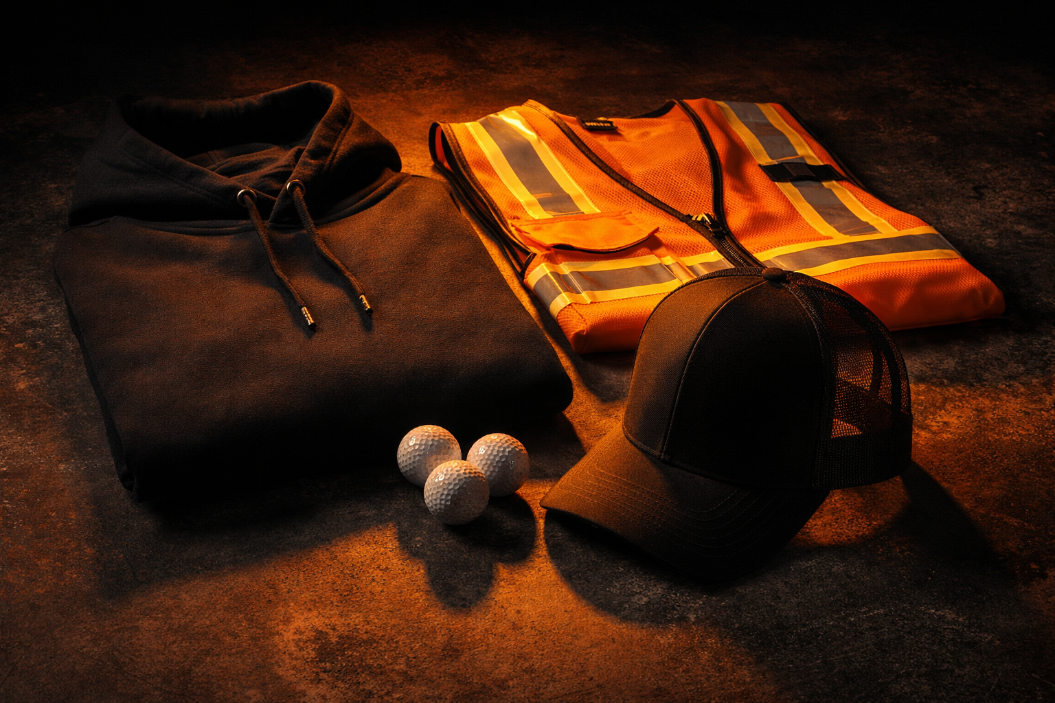 Ruppert Inc branded merchandise - hoodie, safety vest, trucker hat, golf balls